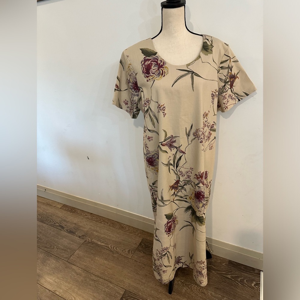 Vintage Premier Linen Cream Maxi Floral Dress Ladies Plus 2X shoulder pads